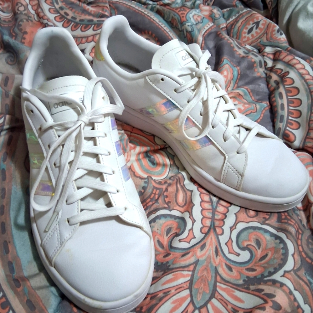 Adidas White Sneakers HOLOGRAPHIC Leather Design womens Size 11